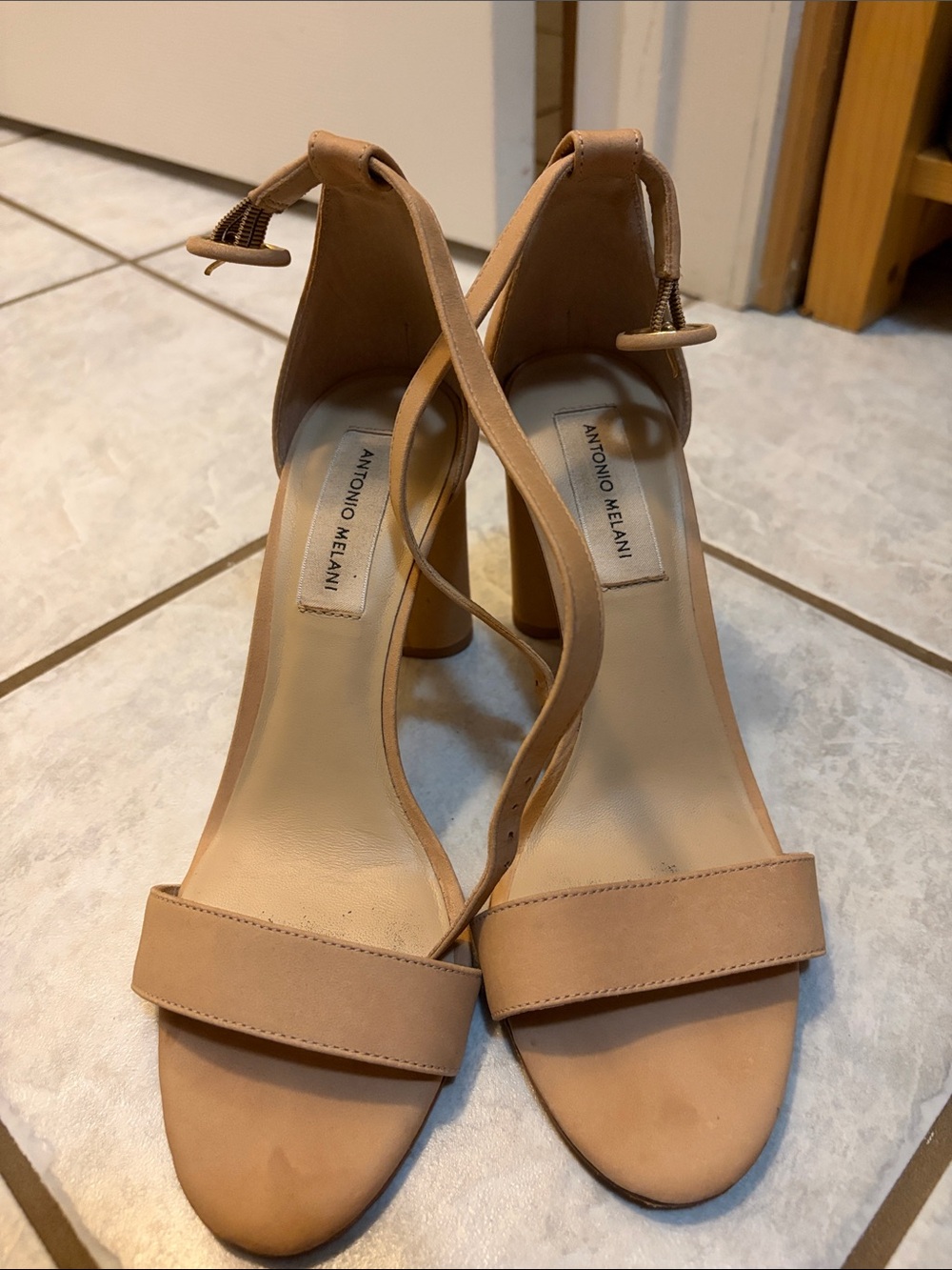 ANTONIO MELANI Blush Nude Open-Toe Ankle Strap Block Heels
